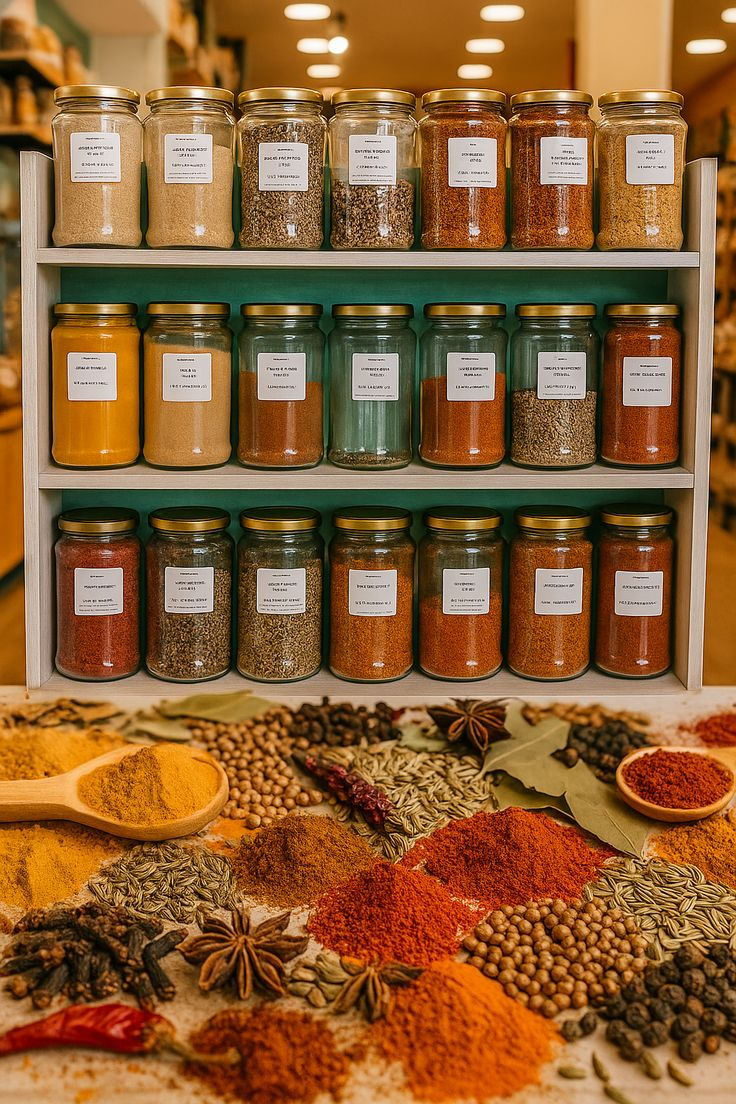 Shelf of labelled spice jars with assorted whole and ground spices